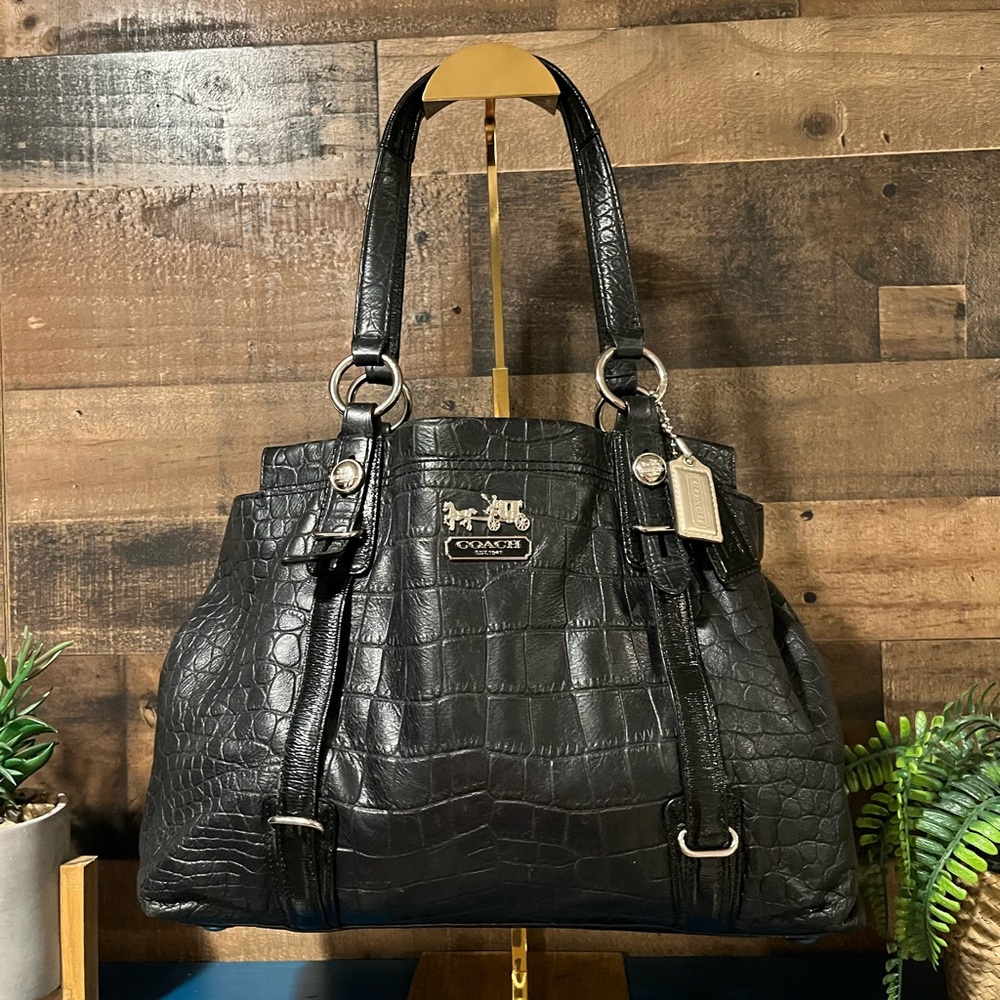 Coach Crocodile Embossed Black Leather Shoulder Bag Y2K